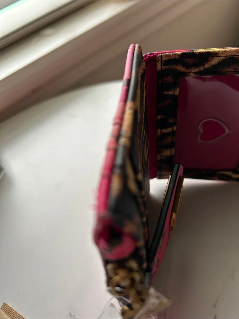 Betsey Johnson Hot Pink Floral & Leopard Trim Card Wallet with Turn-Lock